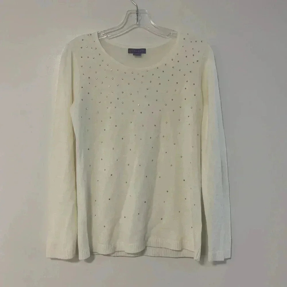 Laura Scott White Knit Bedazzled Sweater